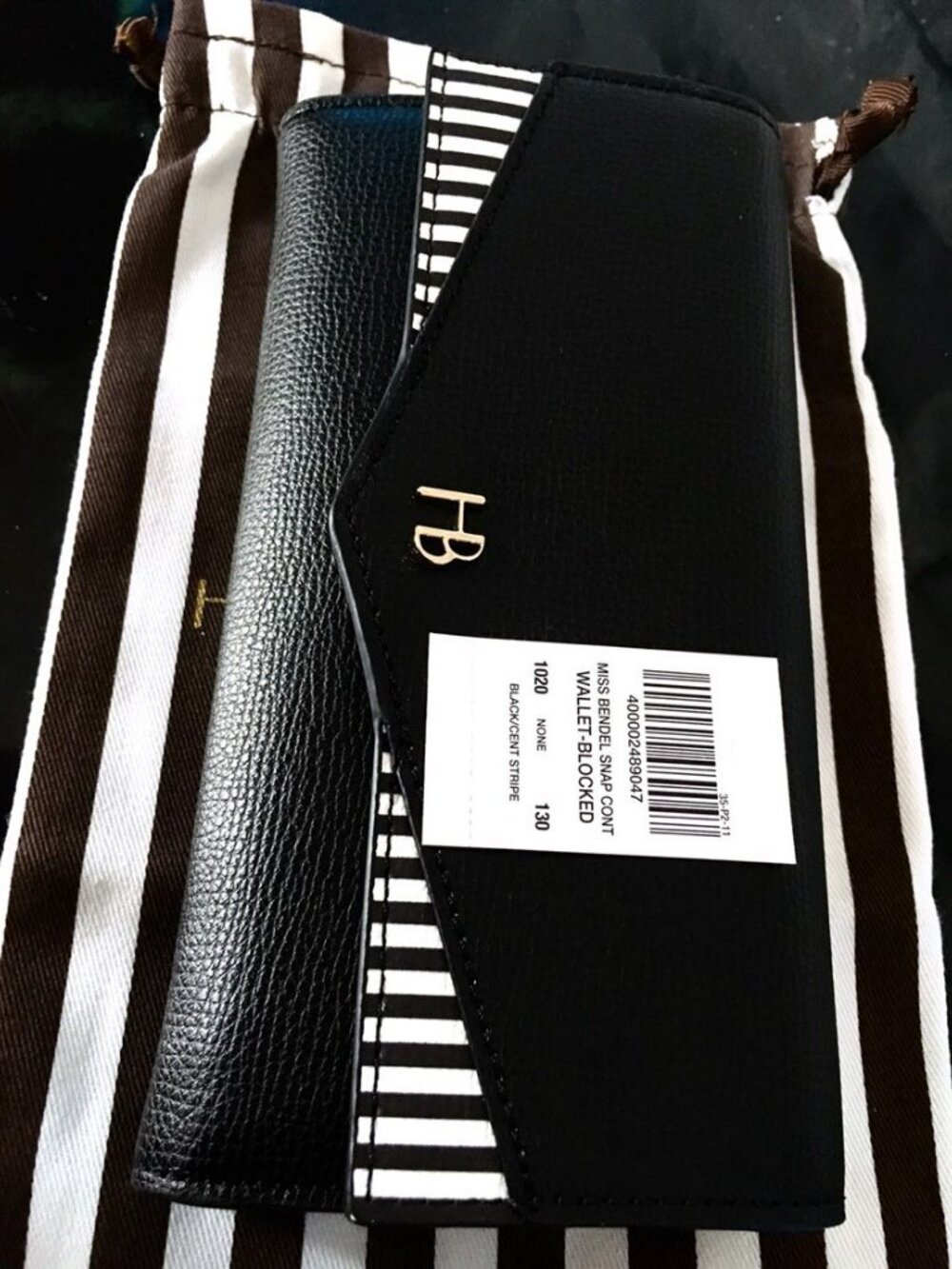 New! Henri Bendel Centennial Stripe and Black Leather Miss Continental Wallet